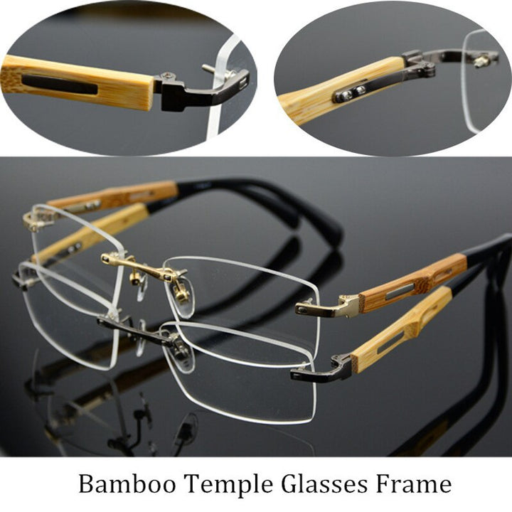 Chashma Men's Rimless Square Titanium Bamboo Eyeglasses R866 Rimless Chashma