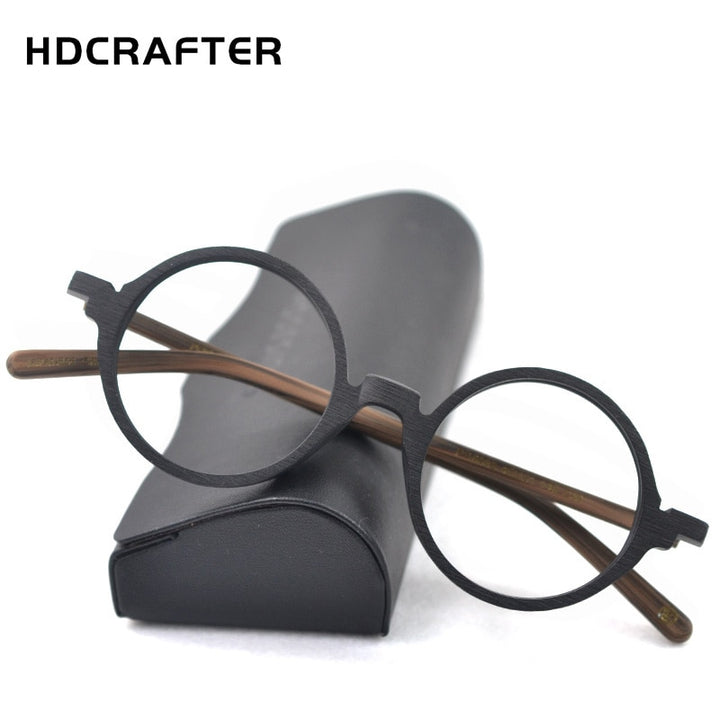 Hdcrafter Unisex Full Rim Round Metal Wood Frame Eyeglasses Ps6083 Full Rim Hdcrafter Eyeglasses   