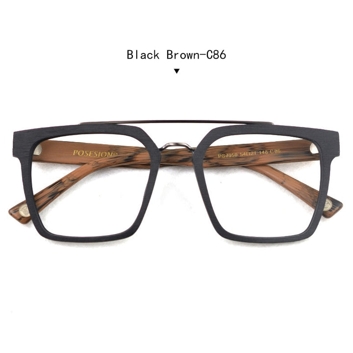 Hdcrafter Men's Eyeglasses Wooden Square Frame Ps7050 Full Rim Hdcrafter Eyeglasses Black Brown