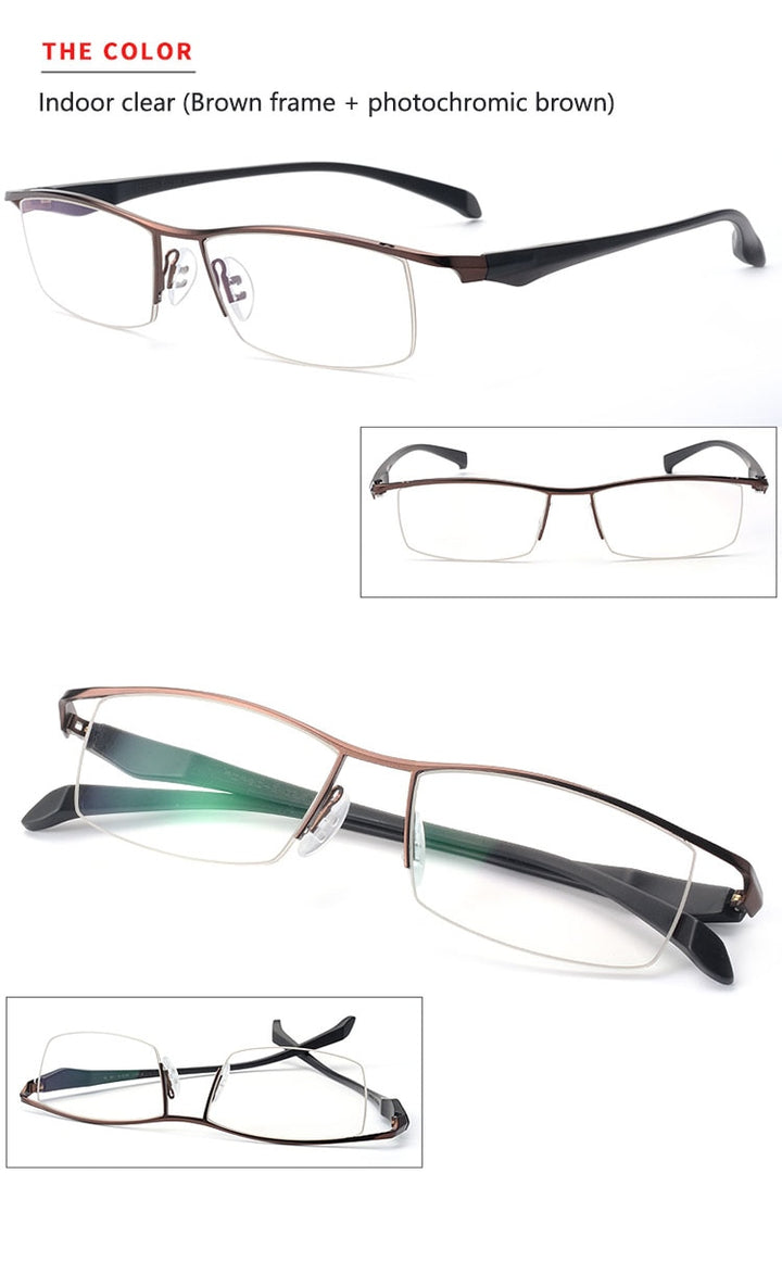 Men's Half Rim Titanium Frame Eyeglasses Photochromic P8011 Semi Rim Bclear