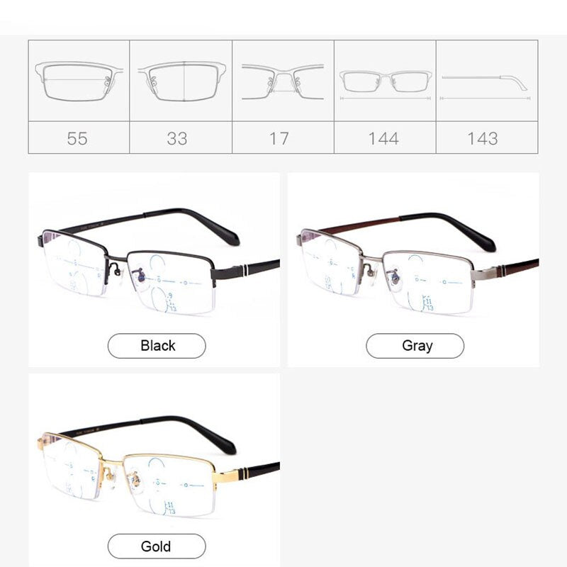 Hotochki Men's Semi Rim Titanium Frame Progressive Lens Reading Glasses Anti Blue Light 1688 Reading Glasses Hotochki