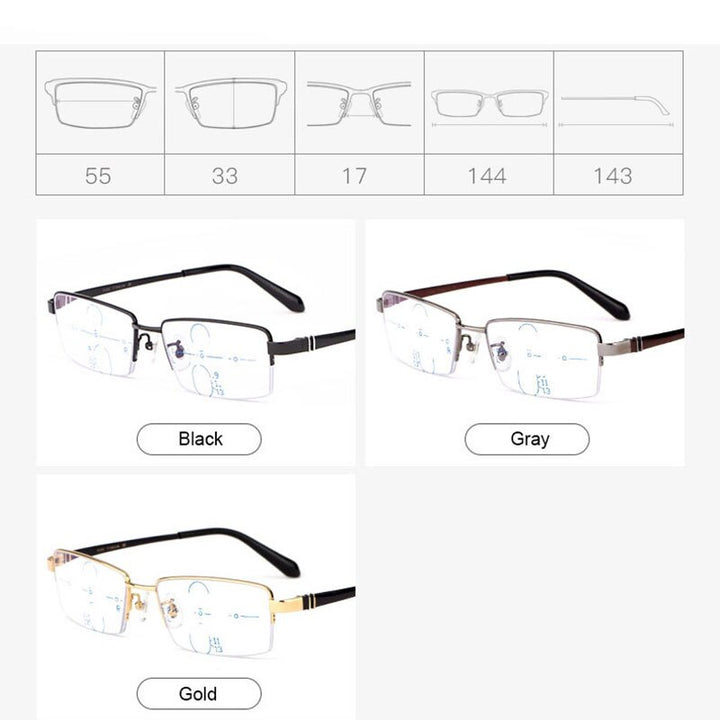 Hotochki Men's Semi Rim Titanium Frame Progressive Lens Reading Glasses Anti Blue Light 1688 Reading Glasses Hotochki