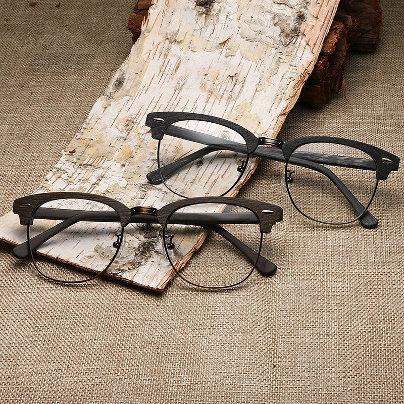 Hdcrafter Unisex Full Rim Round Half Wood Metal Frame Eyeglasses Full Rim Hdcrafter Eyeglasses