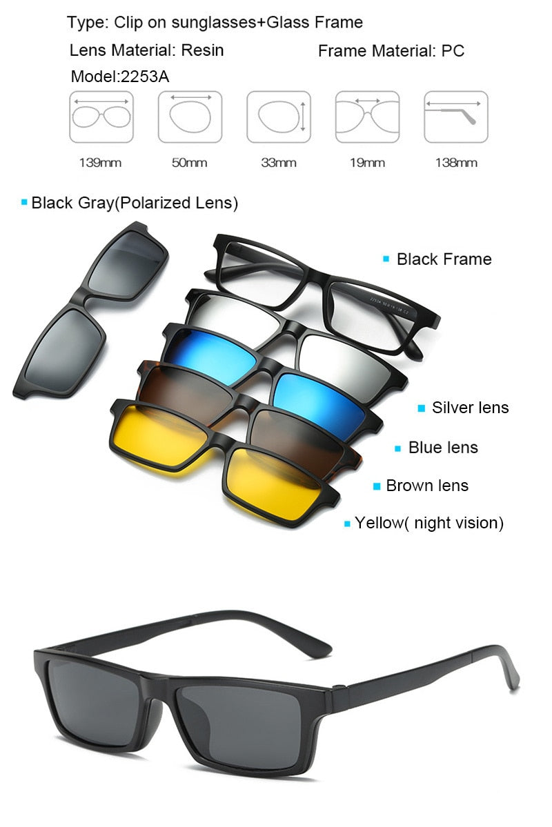 Unisex 5 Piece Clip On Sunglasses Polarized Magnetic Eyeglasses Sn2201-32 Clip On Sunglasses Brightzone 2253  