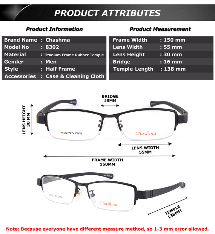 Chashma Ochki Men's Semi Rim Square Titanium Rubber Sport Eyeglasses 8302 Sport Eyewear Chashma Ochki   