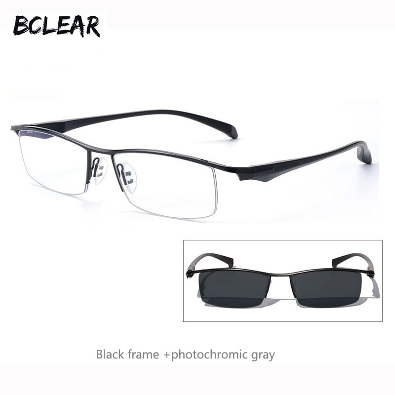 Men's Half Rim Titanium Frame Eyeglasses Photochromic P8011 Semi Rim Bclear