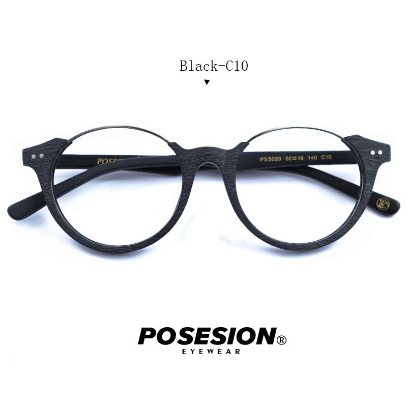 Hdcrafter Unisex Full Rim Round Metal Wood Frame Eyeglasses Ps5059 Full Rim Hdcrafter Eyeglasses Black