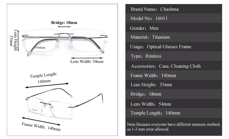 Chashma Ochki Unisex Rimless Square Titanium Eyeglasses 16011 Rimless Chashma Ochki
