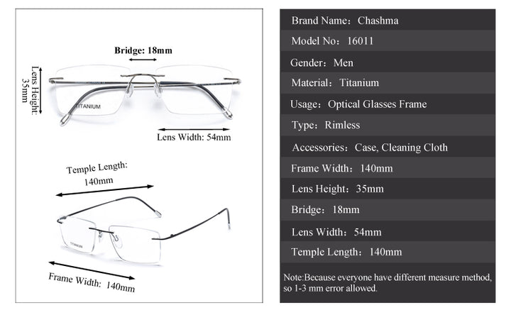 Chashma Ochki Unisex Rimless Square Titanium Eyeglasses 16011 Rimless Chashma Ochki