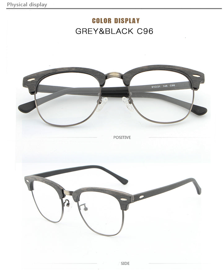Hdcrafter Unisex Full Rim Round Half Wood Metal Frame Eyeglasses Full Rim Hdcrafter Eyeglasses