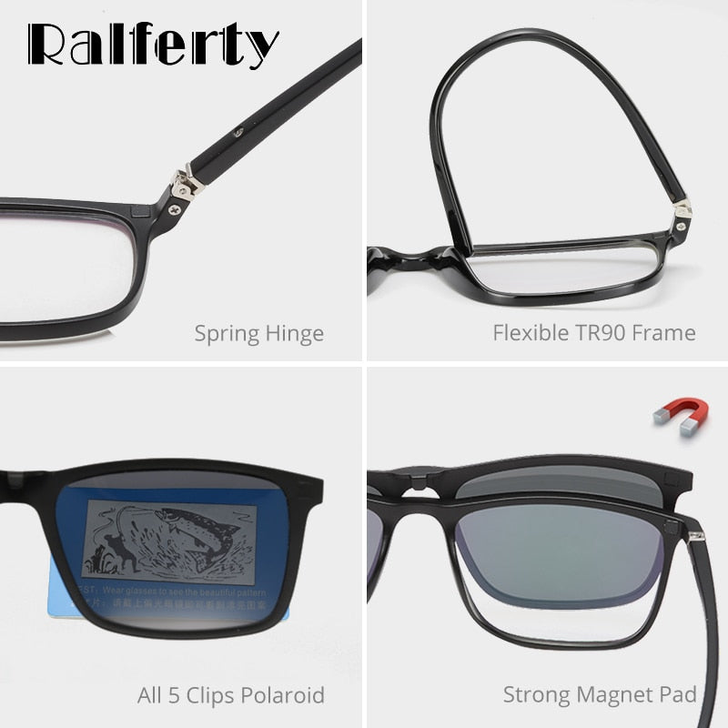 Ralferty Unisex Full Rim Square Eyeglasses With Clip On Sunglasses A8804 With Clip Ons Ralferty