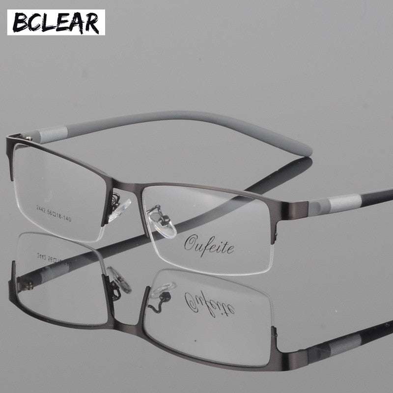 Men's Titanium Square Frame Half Rim Eyeglasses Gp8300 Semi Rim Bclear gray