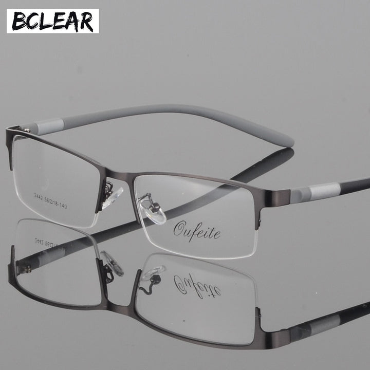 Men's Titanium Square Frame Half Rim Eyeglasses Gp8300 Semi Rim Bclear gray