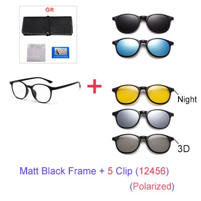 Ralferty 6 In 1 Magnet Sunglasses Women Polarized Eyeglass Frame With Clip On Glasses Men Round Uv400 Tr90 3D Yellow A2245 With Clip Ons Ralferty 1Frame 5 Clip 12456