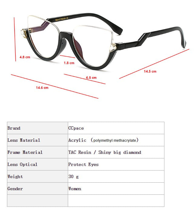 CCspace Women's Semi Rim Cat Eye Resin Frame Eyeglasses 45159 Semi Rim CCspace