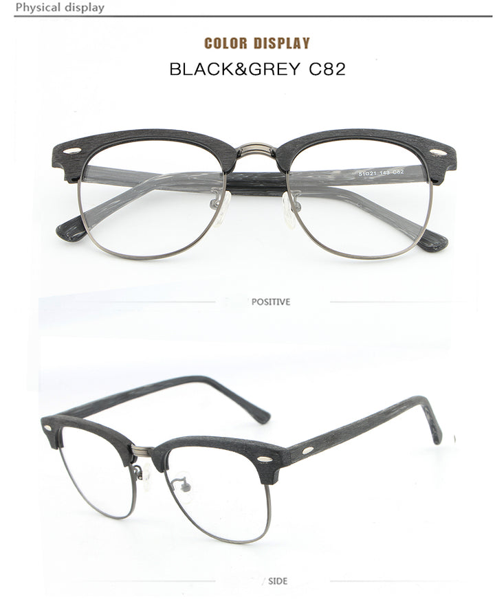 Hdcrafter Unisex Full Rim Round Half Wood Metal Frame Eyeglasses Full Rim Hdcrafter Eyeglasses