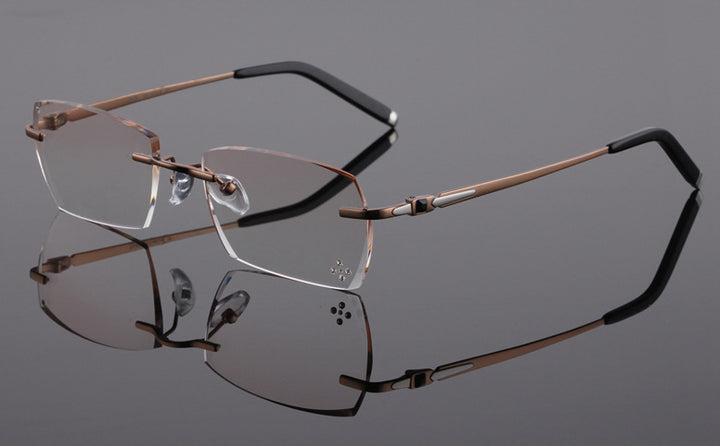 Reven Jate 611 Pure Titanium Rimless Diamond Cutting Glasses Frame Eyeglasses Men Brown Rimless Reven Jate