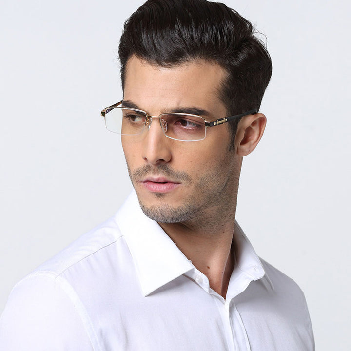 Hotochki Men's Semi Rim Rectangle Titanium Acetate Wood Eyeglasses 8001 Semi Rim Hotochki