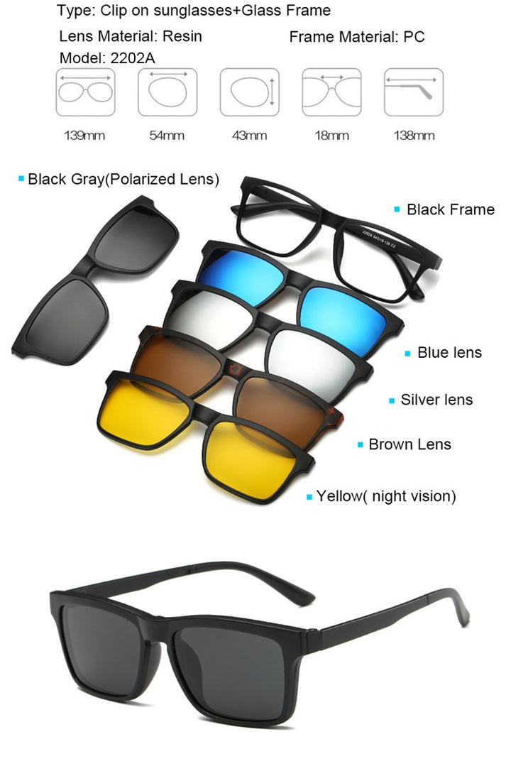 Unisex 5 Piece Clip On Sunglasses Polarized Magnetic Eyeglasses Js3356a Clip On Sunglasses Brightzone 2202A  