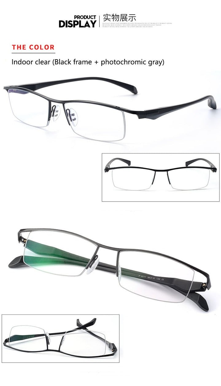 Men's Half Rim Titanium Frame Eyeglasses Photochromic P8011 Semi Rim Bclear