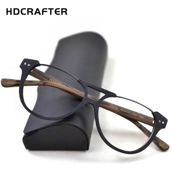 Hdcrafter Unisex Full Rim Round Double Bridge Metal Wood Frame Eyeglasses Ps5056 Full Rim Hdcrafter Eyeglasses