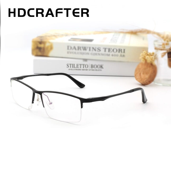 Hdcrafter Men's Semi Rim Rectangular Alloy Frame Eyeglasses Lp6263 Semi Rim Hdcrafter Eyeglasses