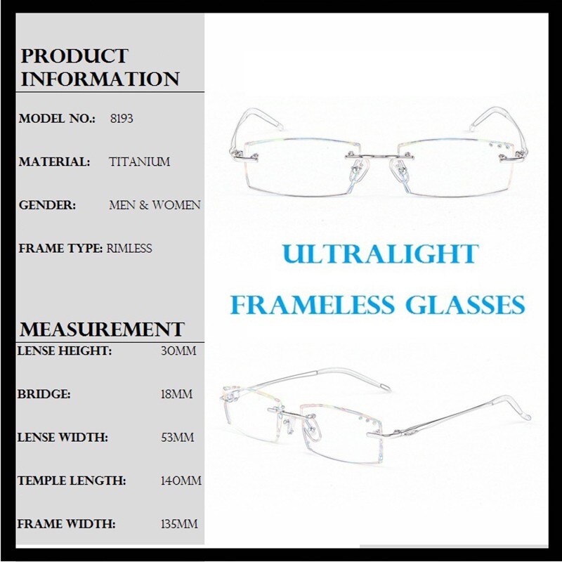 Chashma Ottica Unisex Rimless Square Rectangle Titanium Eyeglasses Tinted Lenses 65077 Rimless Chashma Ottica