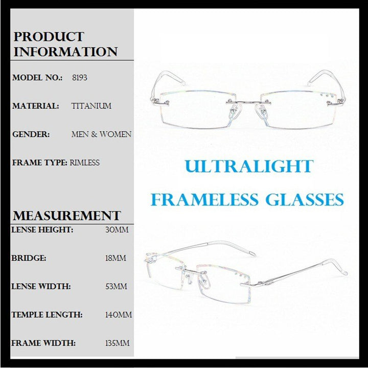 Chashma Ottica Unisex Rimless Square Rectangle Titanium Eyeglasses Tinted Lenses 65077 Rimless Chashma Ottica