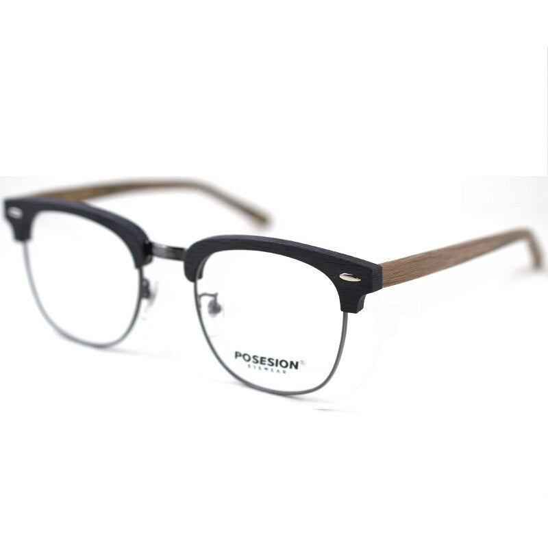 Hdcrafter Unisex Full Rim Round Metal Wood Frame Eyeglasses Ps7090 Full Rim Hdcrafter Eyeglasses   