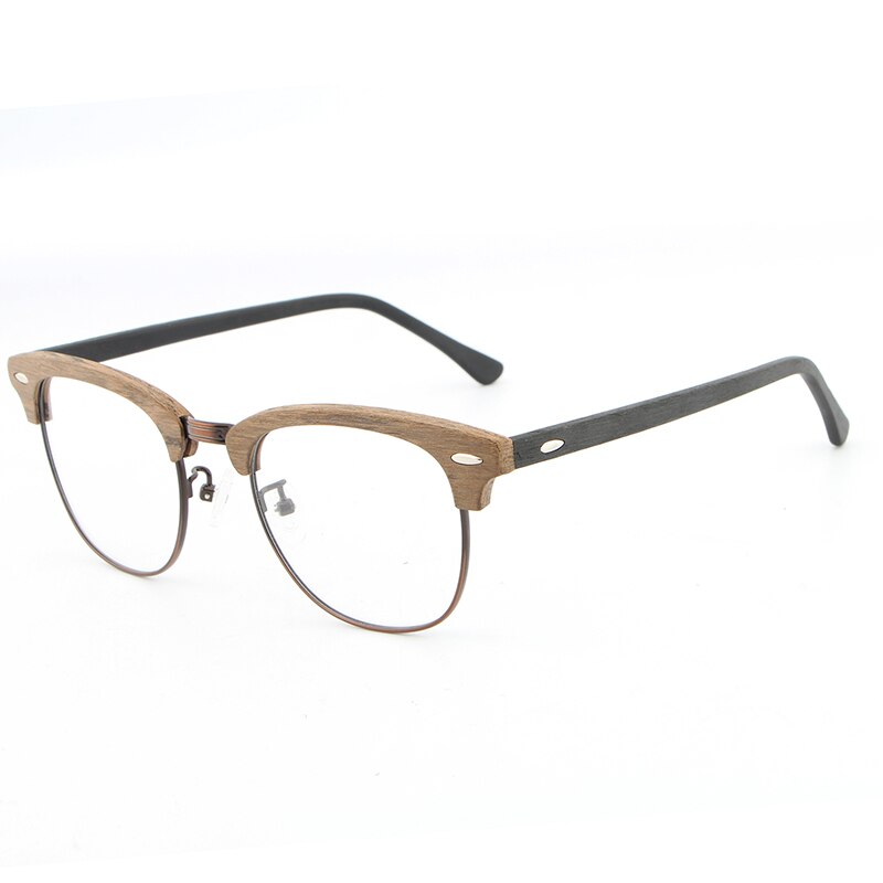 Hdcrafter Unisex Full Rim Round Half Wood Metal Frame Eyeglasses Full Rim Hdcrafter Eyeglasses brown black C90