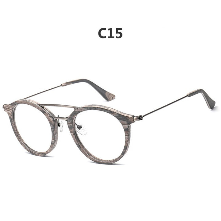 Hdcrafter Unisex Full Rim Round Wood Alloy Double Bridge Eyeglasses 4821 Full Rim Hdcrafter Eyeglasses C15