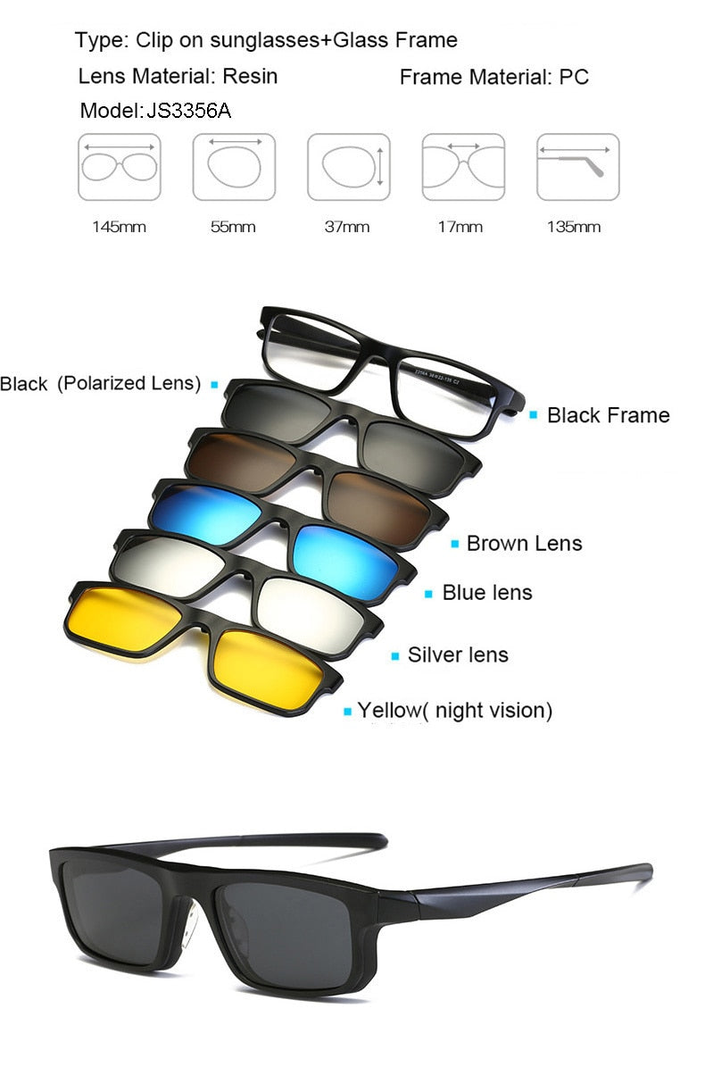 Unisex 5 Piece Clip On Sunglasses Polarized Magnetic Eyeglasses Js3356a Clip On Sunglasses Brightzone JS3356A-2256A  