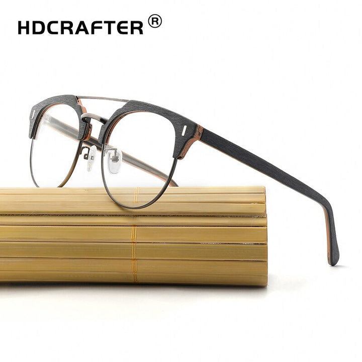 Hdcrafter Unisex Full Rim Round Wood Metal Frame Eyeglasses Bc01 Full Rim Hdcrafter Eyeglasses