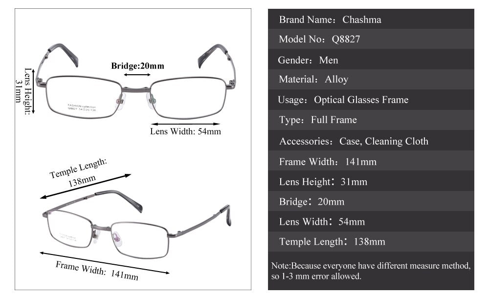 Chashma Ottica Unisex Full Rim Square Foldable Stainless Steel Alloy Eyeglasses 8827 Full Rim Chashma Ottica