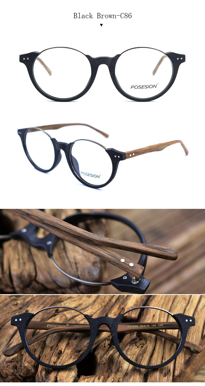 Hdcrafter Unisex Full Rim Round Metal Wood Frame Eyeglasses Ps5059 Full Rim Hdcrafter Eyeglasses