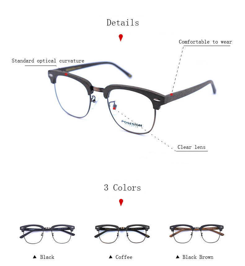 Hdcrafter Unisex Full Rim Round Metal Wood Frame Eyeglasses Ps7090 Full Rim Hdcrafter Eyeglasses   