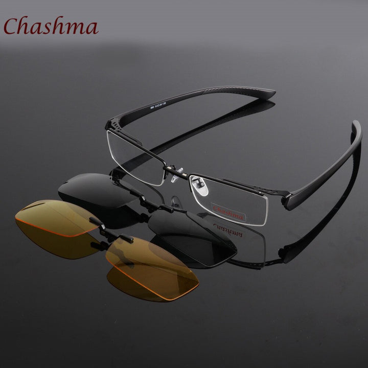 Chashma Ochki Men's Semi Rim Rectangle Alloy Eyeglasses Clip On Polarized Sunglasses 680 With Clip Ons Chashma Ochki Black