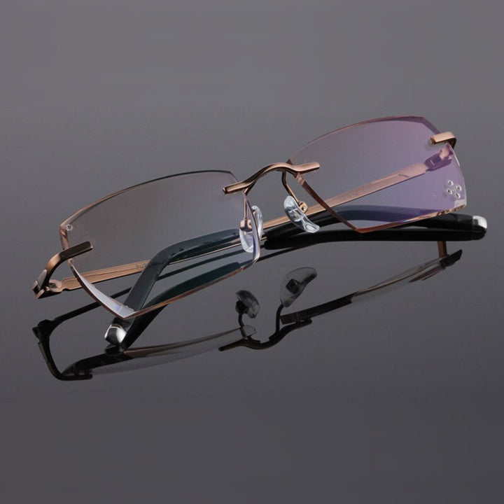 Reven Jate 611 Pure Titanium Rimless Diamond Cutting Glasses Frame Eyeglasses Men Brown Rimless Reven Jate