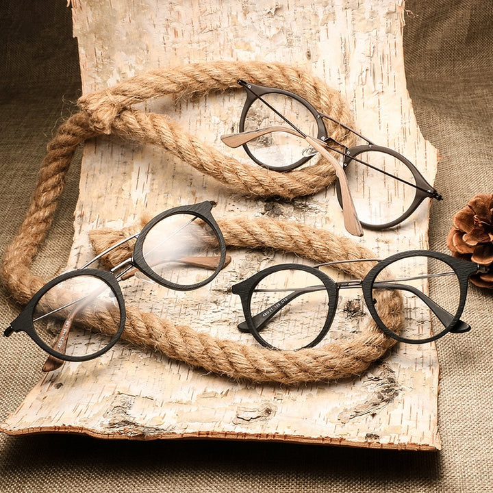 Hdcrafter Unisex Full Rim Round Wood Alloy Double Bridge Eyeglasses 4821 Full Rim Hdcrafter Eyeglasses
