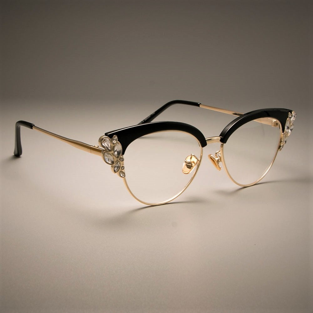 CCspace Women's Full Rim Rhinestone Cat Eye Acetate Alloy Frame Eyeglasses 45120 Full Rim CCspace C5 black clear