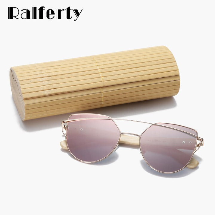 Ralferty Women's Cat Eye Bamboo Wood Mirror Sunglasses K1585 Sunglasses Ralferty
