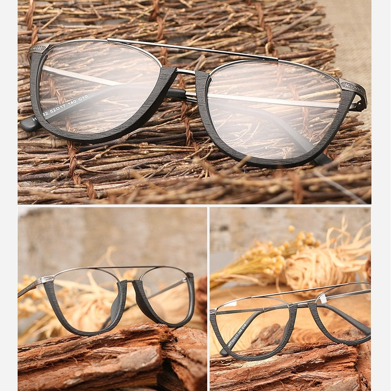 Hdcrafter Unisex Full Rim Round Double Bridge Wood Metal Frame Eyeglasses Hb032 Full Rim Hdcrafter Eyeglasses