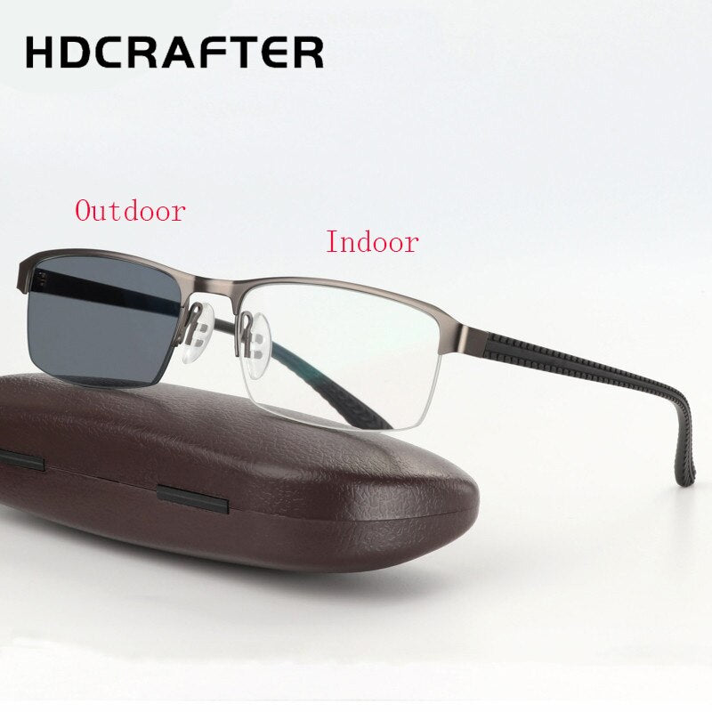 Hdcrafter Men's Semi Rim Rectangle Titanium Alloy Frame Photochromic Reading Glasses 9bs Reading Glasses Hdcrafter Eyeglasses