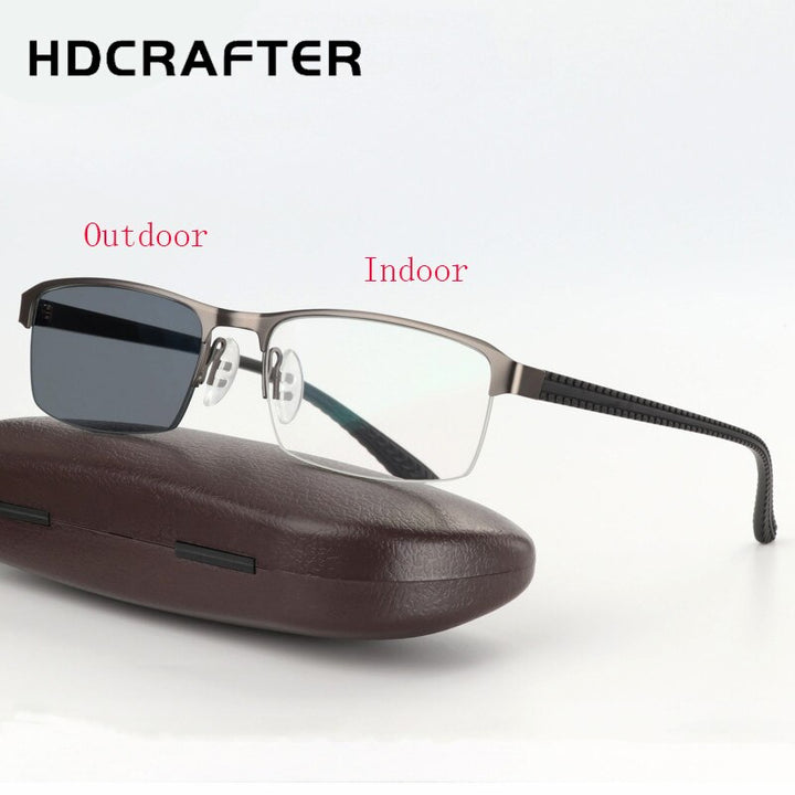 Hdcrafter Men's Semi Rim Rectangle Titanium Alloy Frame Photochromic Reading Glasses 9bs Reading Glasses Hdcrafter Eyeglasses