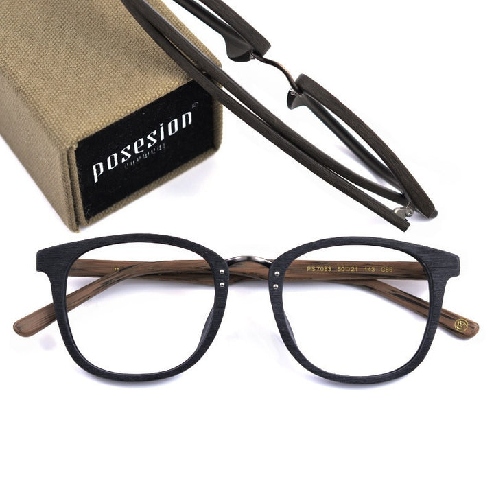 Hdcrafter Men's Full Rim Round Metal Wood Frame Eyeglasses Ps7083 Full Rim Hdcrafter Eyeglasses   