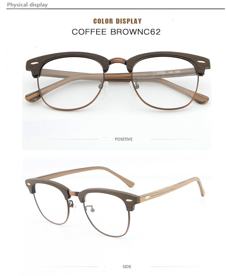 Hdcrafter Unisex Full Rim Round Half Wood Metal Frame Eyeglasses Full Rim Hdcrafter Eyeglasses   