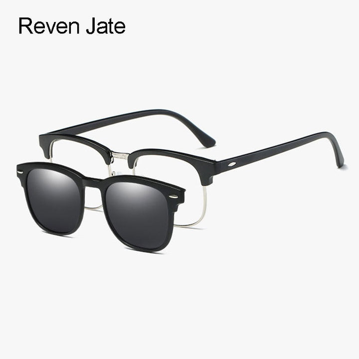 Reven Jate Men's Full Rim Square Polycarbonate Eyeglasses Clip On Polarized Sunglasses 2218 With Clip Ons Reven Jate