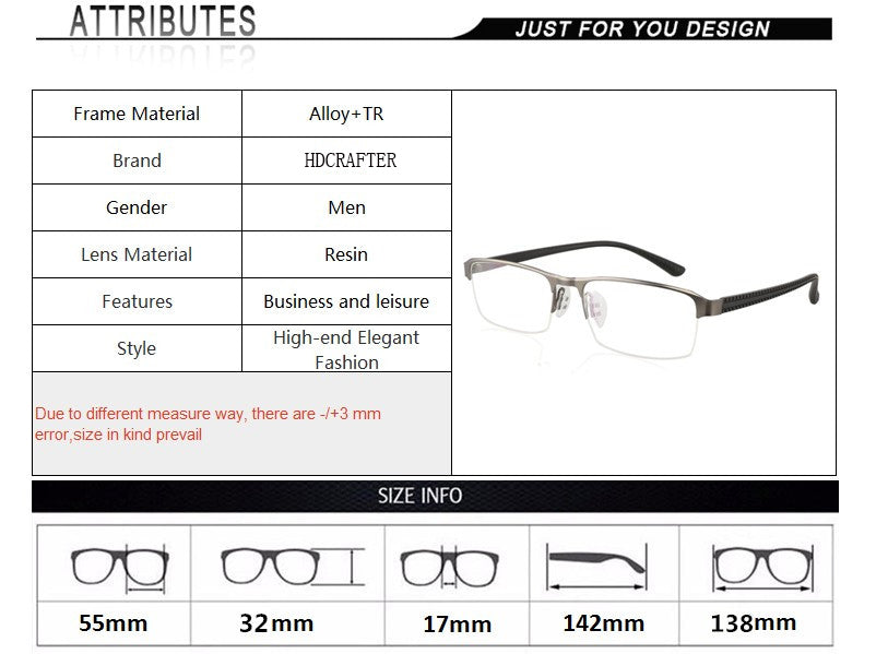 Hdcrafter Men's Semi Rim Rectangle Titanium Alloy Frame Photochromic Reading Glasses 9bs Reading Glasses Hdcrafter Eyeglasses