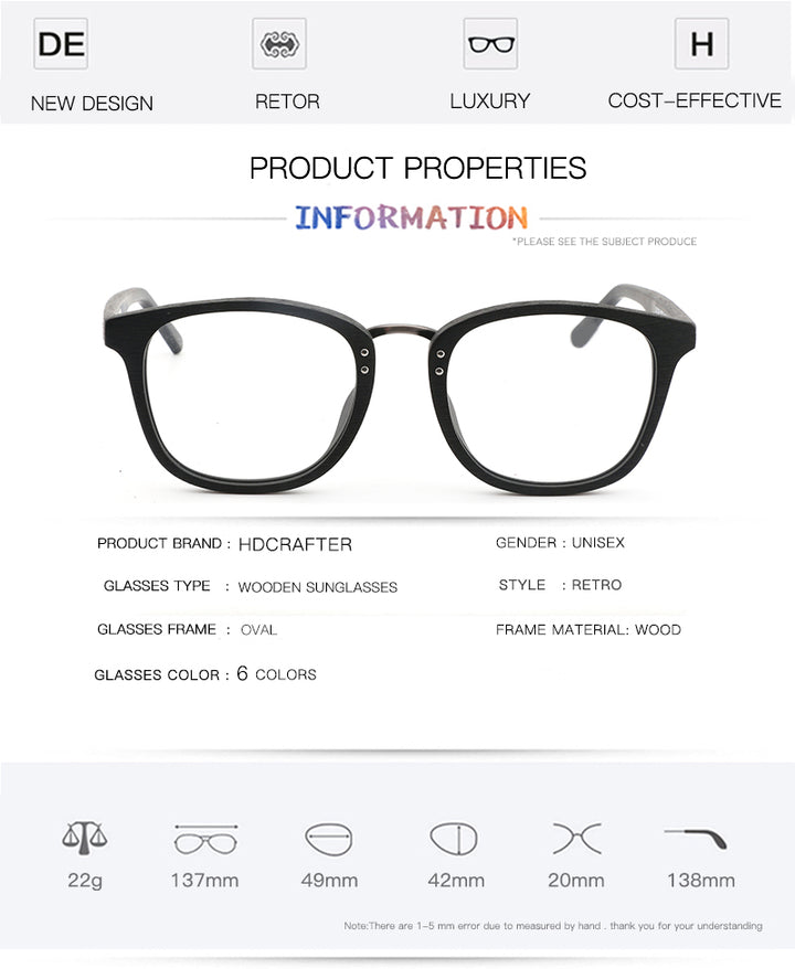 Hdcrafter Unisex Full Rim Round Square Wood Metal Frame Eyeglasses Hb029 Full Rim Hdcrafter Eyeglasses