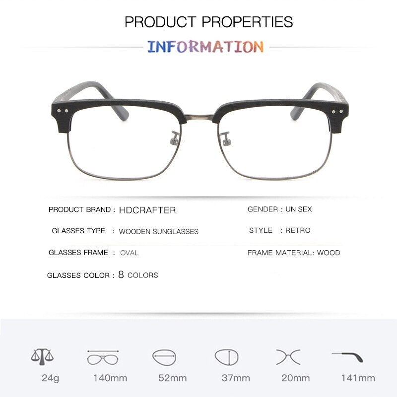 Hdcrafter Unisex Full Rim Square Wood Metal Frame Eyeglasses Lhb026 Full Rim Hdcrafter Eyeglasses